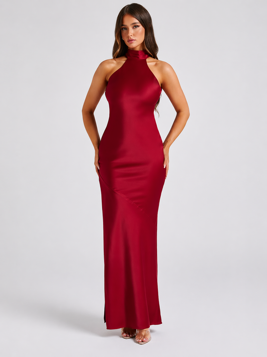 ADELIA - Elegante vestido largo de satén con escote halter