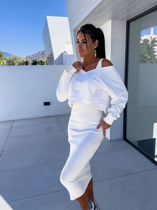 SARA - Elegante conjunto de dos piezas con top corto y falda midi acanalada