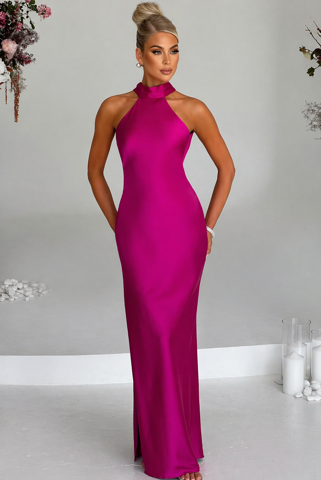 ADELIA - Elegante vestido largo de satén con escote halter