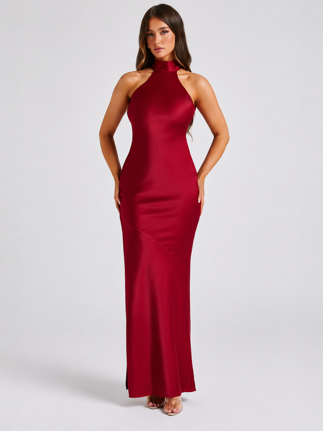 ADELIA - Elegante vestido largo de satén con escote halter