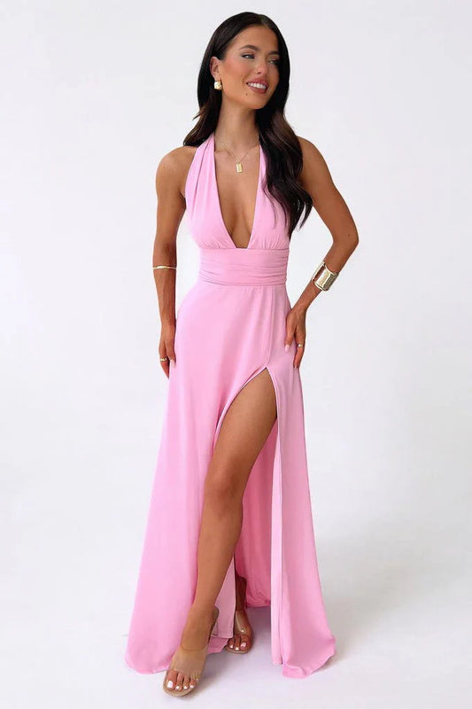 MARTA - Elegante vestido largo con escote halter y abertura alta